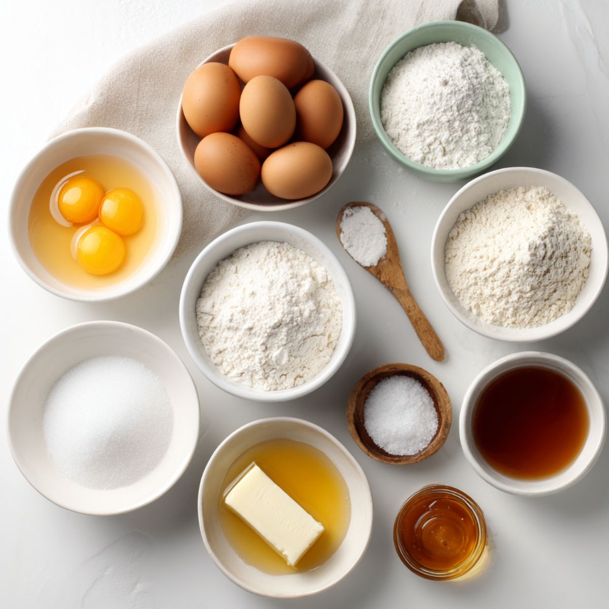 Flat lay of cornbread waffle ingredients casually arranged on a white kitchen counter.