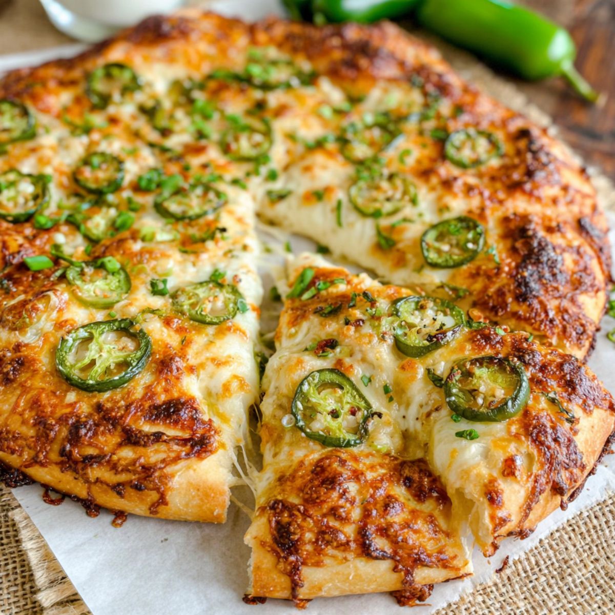 Overhead photo of a homemade jalapeño popper pizza with melted cheese, bacon, and sliced jalapeños.