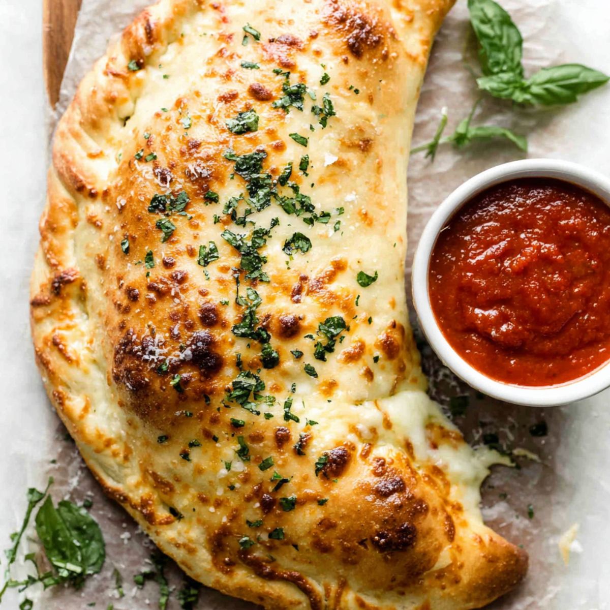 Freshly baked homemade Italian calzone recipe on a white kitchen counter, shot from above by a home cook