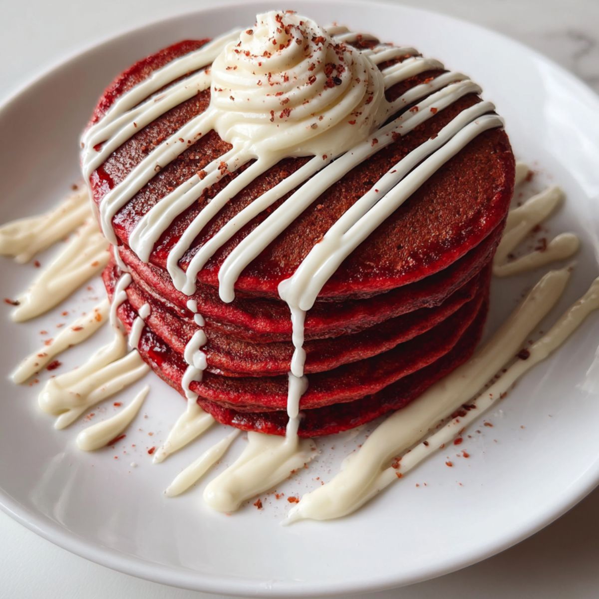 Overhead photo of a homemade stack of red velvet pancakes drizzled with cream cheese glaze on a white kitchen counter.