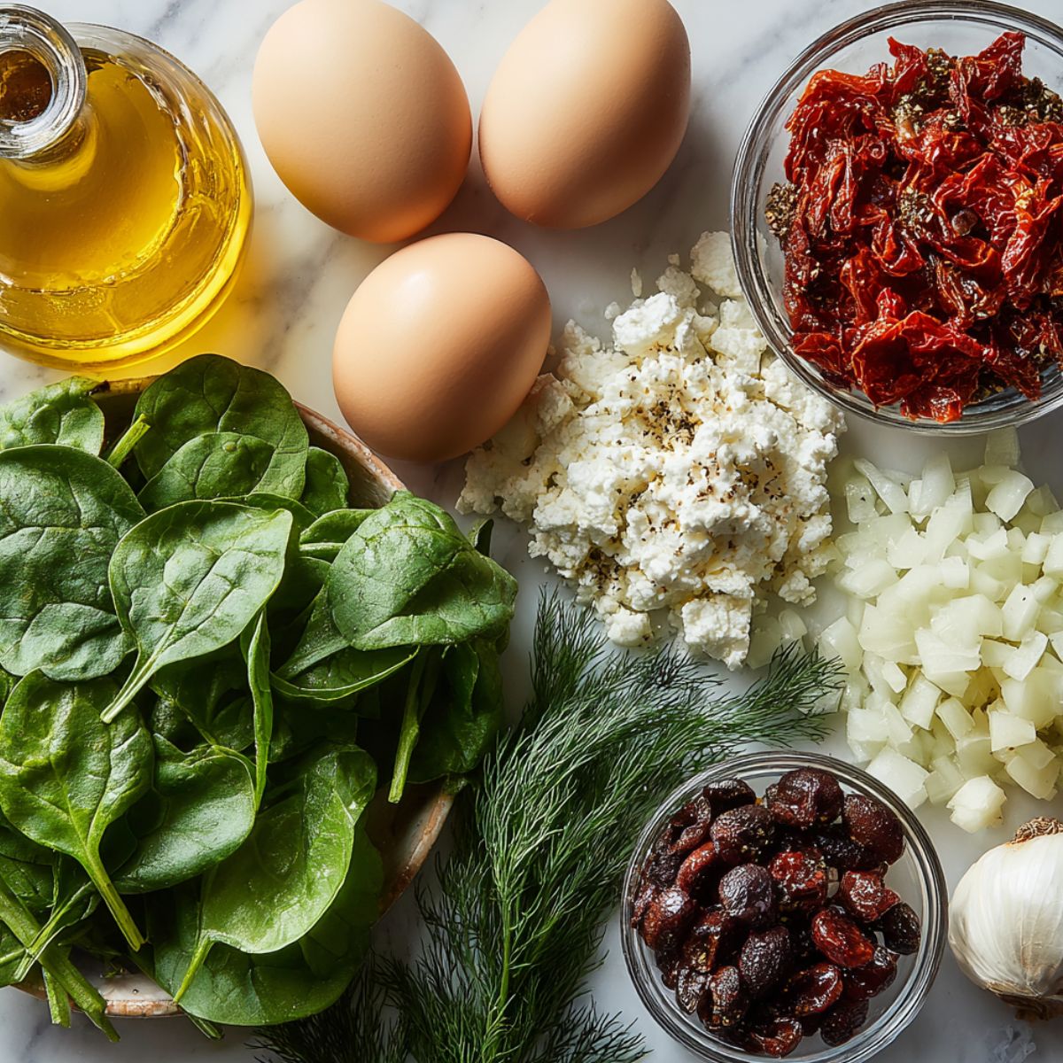 Ingredients for homemade feta baked eggs casually laid out on a white kitchen counter, top-down view