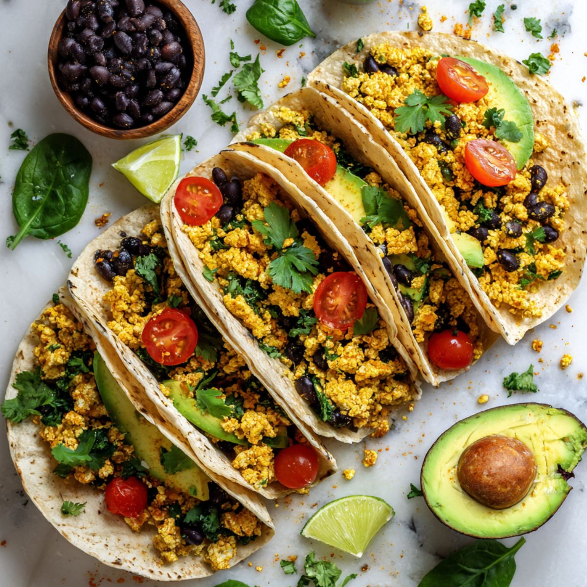 Overhead shot of four vegan breakfast tacos filled with tofu scramble, black beans, avocado, tomatoes, and cilantro on a white kitchen counter, with toppings scattered naturally