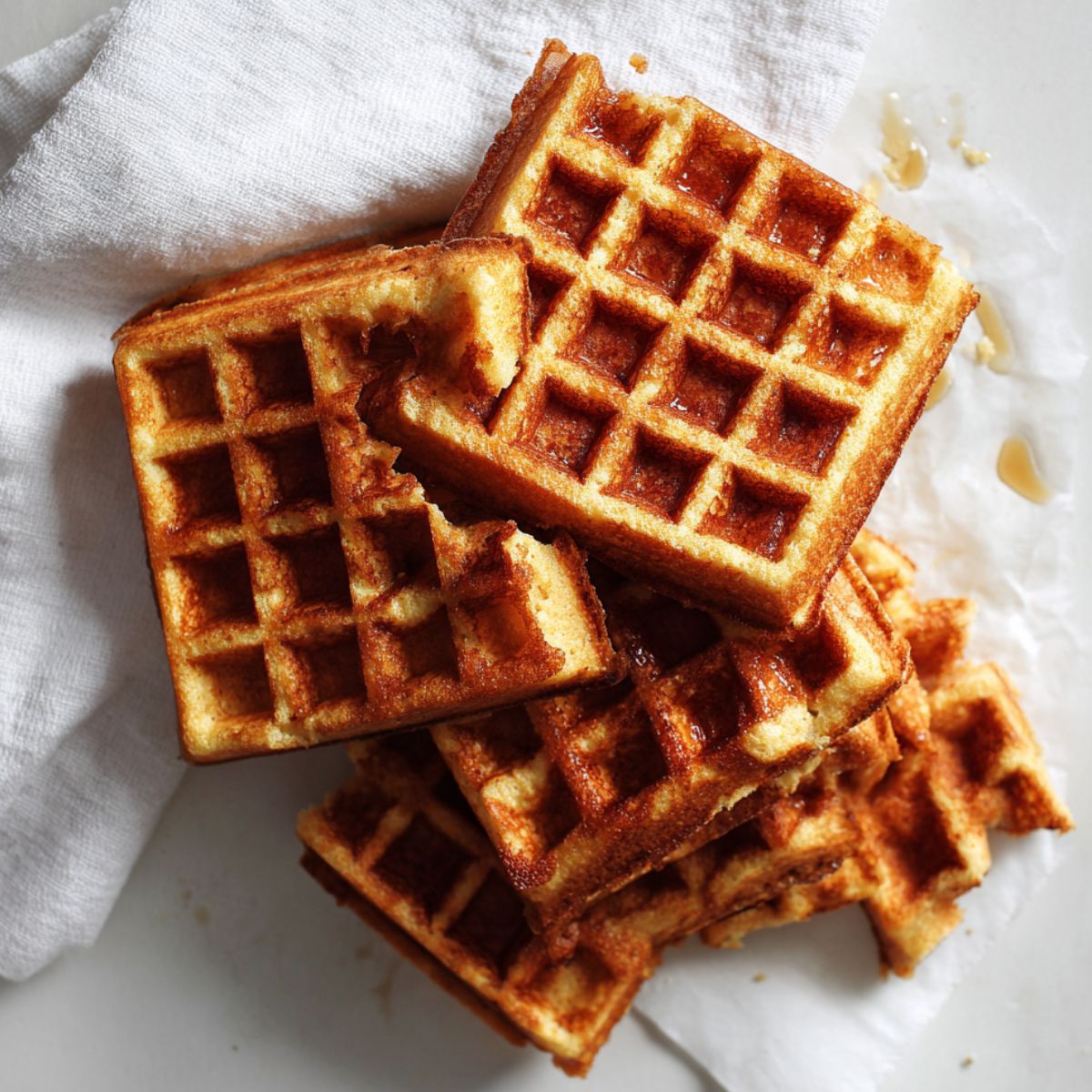 Stack of homemade cornbread waffles on a white kitchen counter with a rustic, cozy feel.