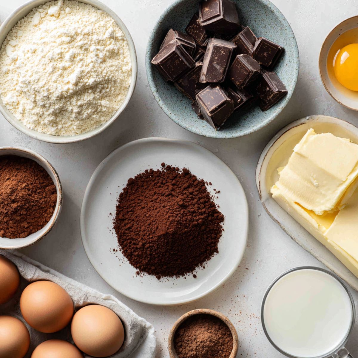 Flat lay of chocolate macaron ingredients on a white kitchen counter, photographed from above in natural light