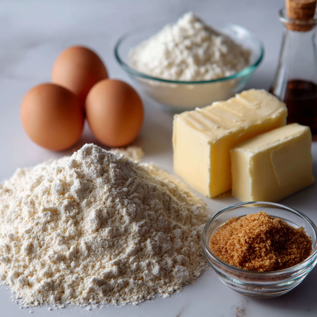 Real baking ingredients for cinnamon roll cupcakes on a white countertop, slightly messy and homemade