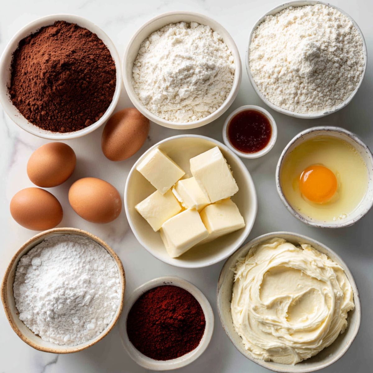 Overhead view of the main ingredients for homemade red velvet pancakes laid out on a white kitchen counter.