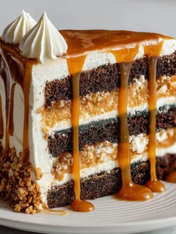 Homemade salted caramel cake on a white kitchen counter