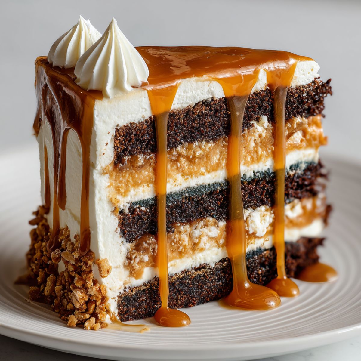 Homemade salted caramel cake on a white kitchen counter
