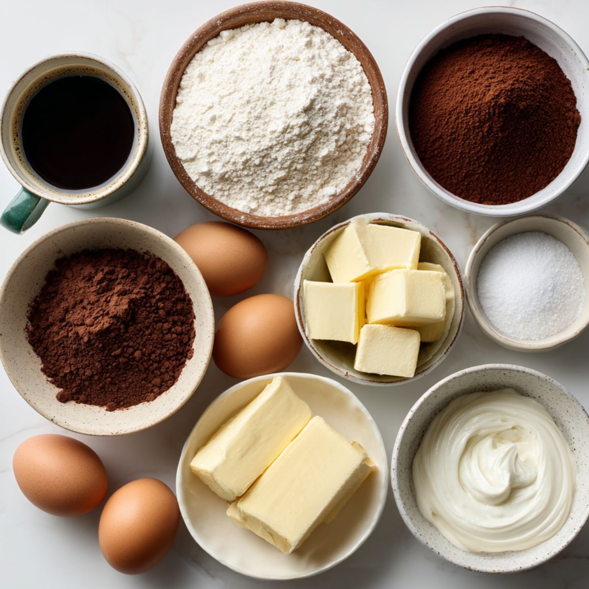 Flatlay of homemade salted caramel cake ingredients arranged casually on a white countertop with soft shadows