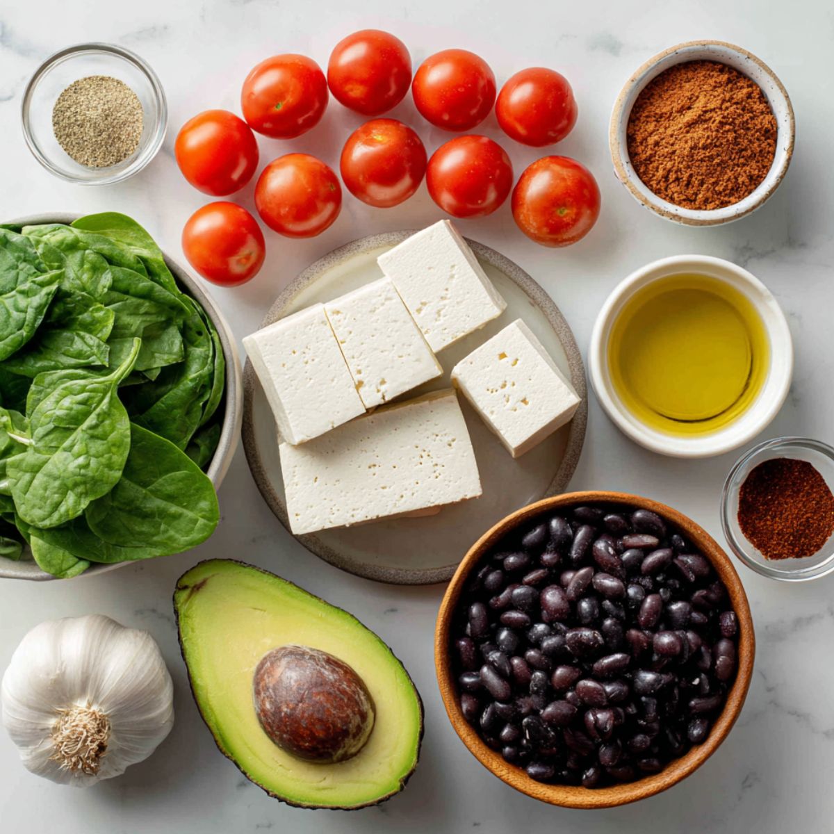 Overhead view of fresh vegan breakfast taco ingredients including tofu, spices, vegetables, black beans, and tortillas on a white kitchen counter