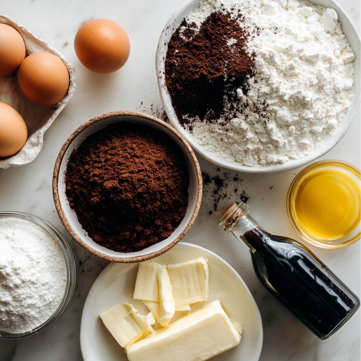 Ingredients for homemade black velvet cake scattered on a white kitchen counter