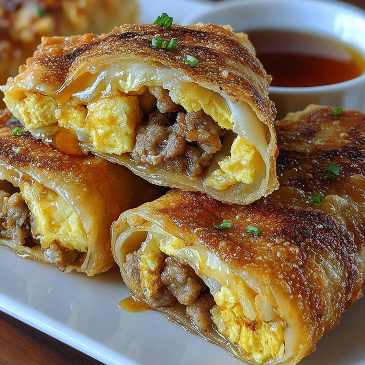 Homemade breakfast egg rolls on a kitchen counter