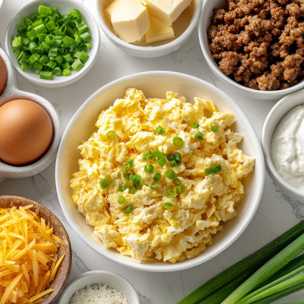 Overhead view of breakfast egg roll ingredients on a white kitchen counter.