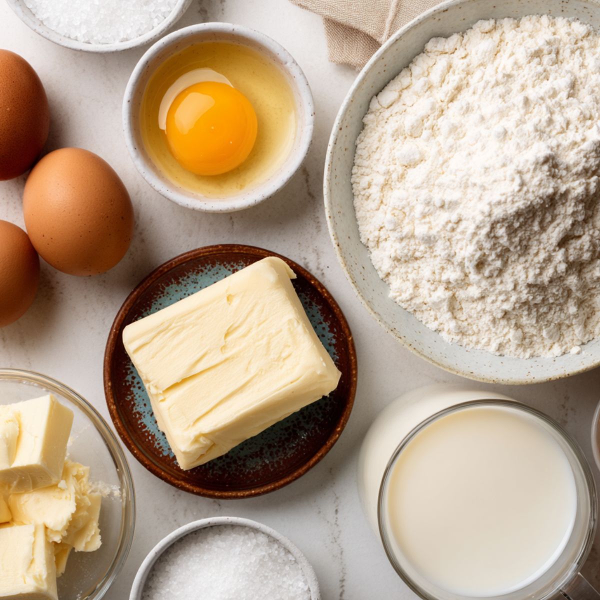 Brioche bread ingredients casually laid out on a white kitchen counter from an overhead view