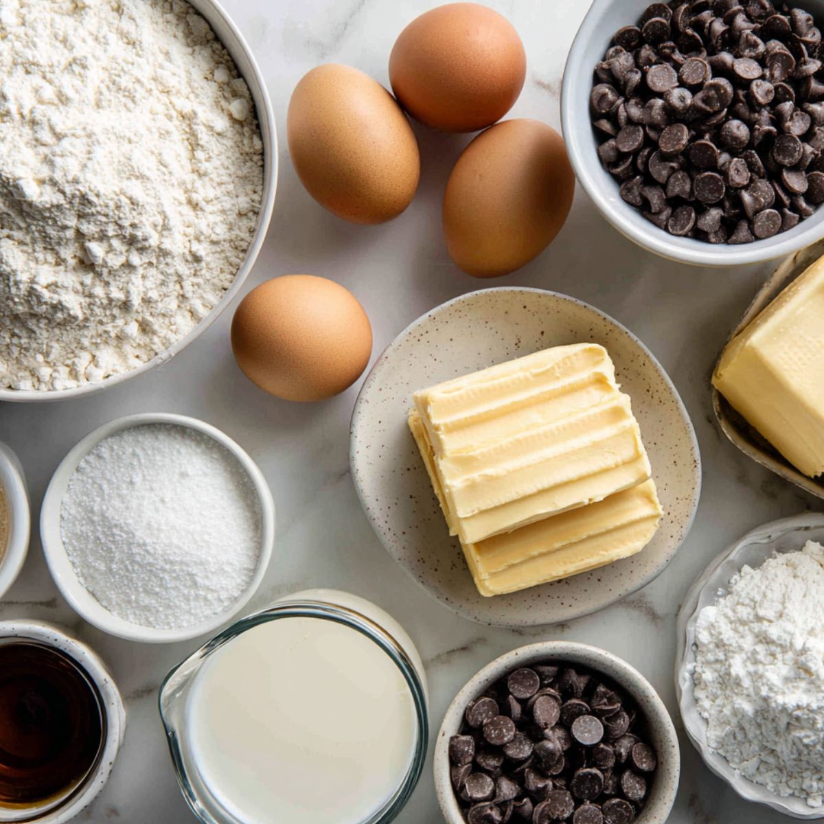 Ingredients for a homemade chocolate chip cake laid out on a white kitchen counter