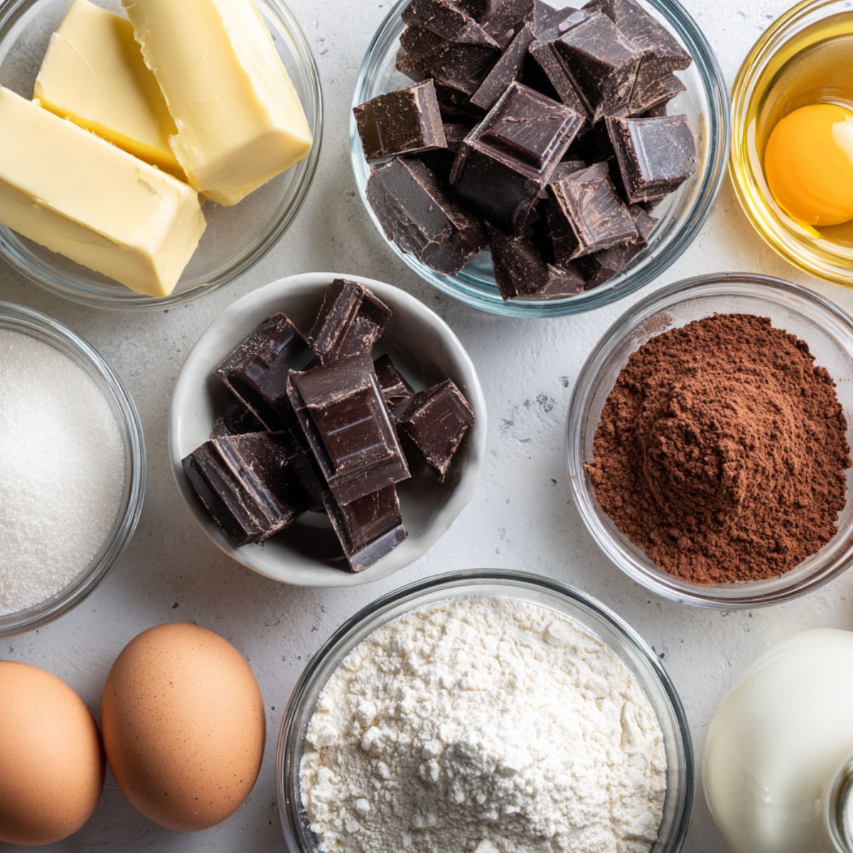Ingredients for homemade chocolate mousse brownies on a white kitchen counter seen from above