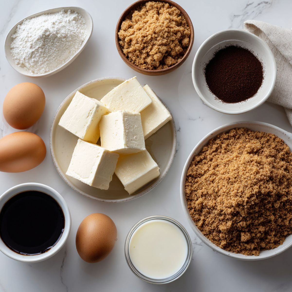 Flat lay of unstyled ingredients for homemade coffee cheesecake including cream cheese, espresso powder, and graham crackers