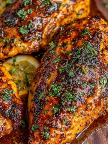 Homemade cowboy butter chicken on a rustic plate with melting butter sauce and fresh herbs overhead shot