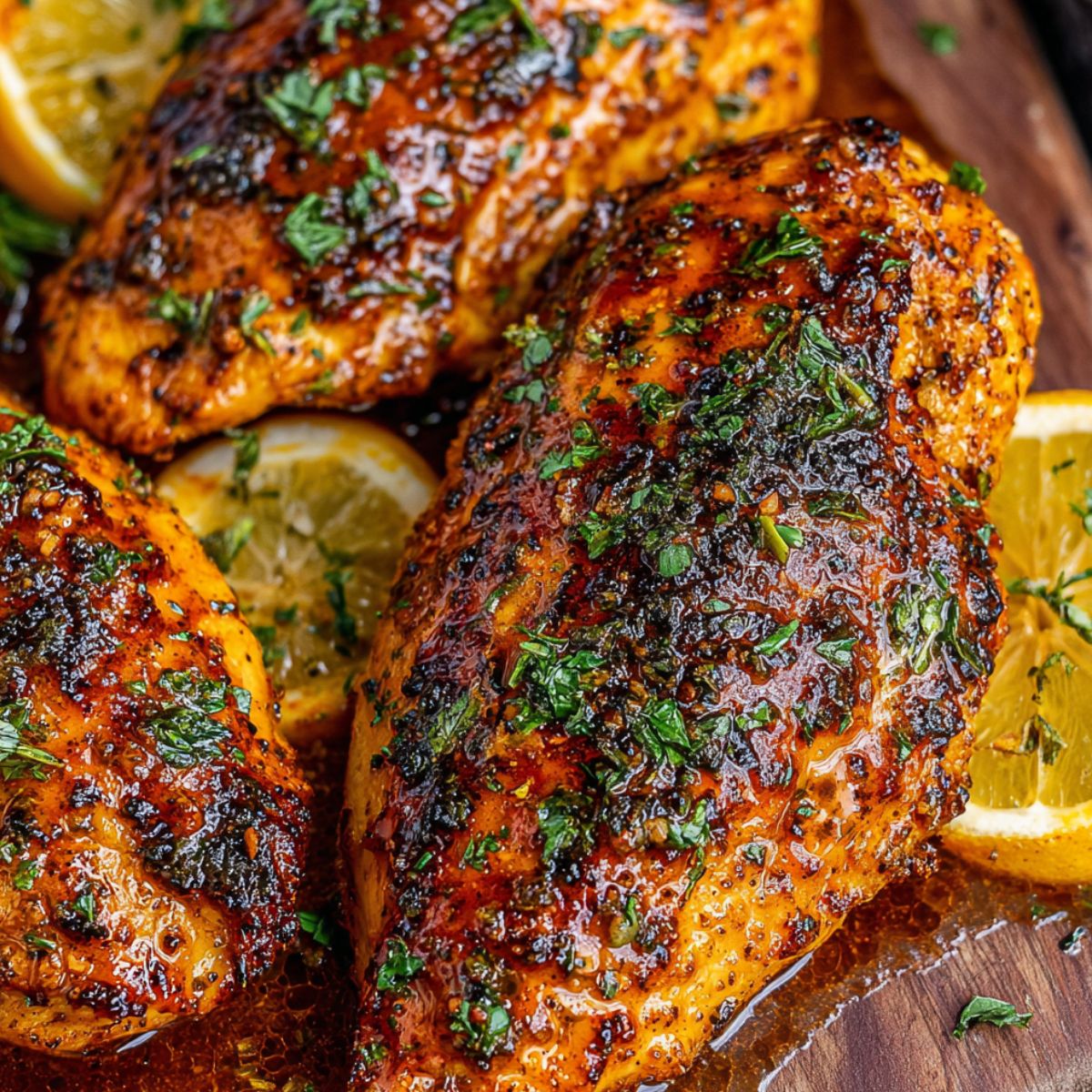 Homemade cowboy butter chicken on a rustic plate with melting butter sauce and fresh herbs overhead shot