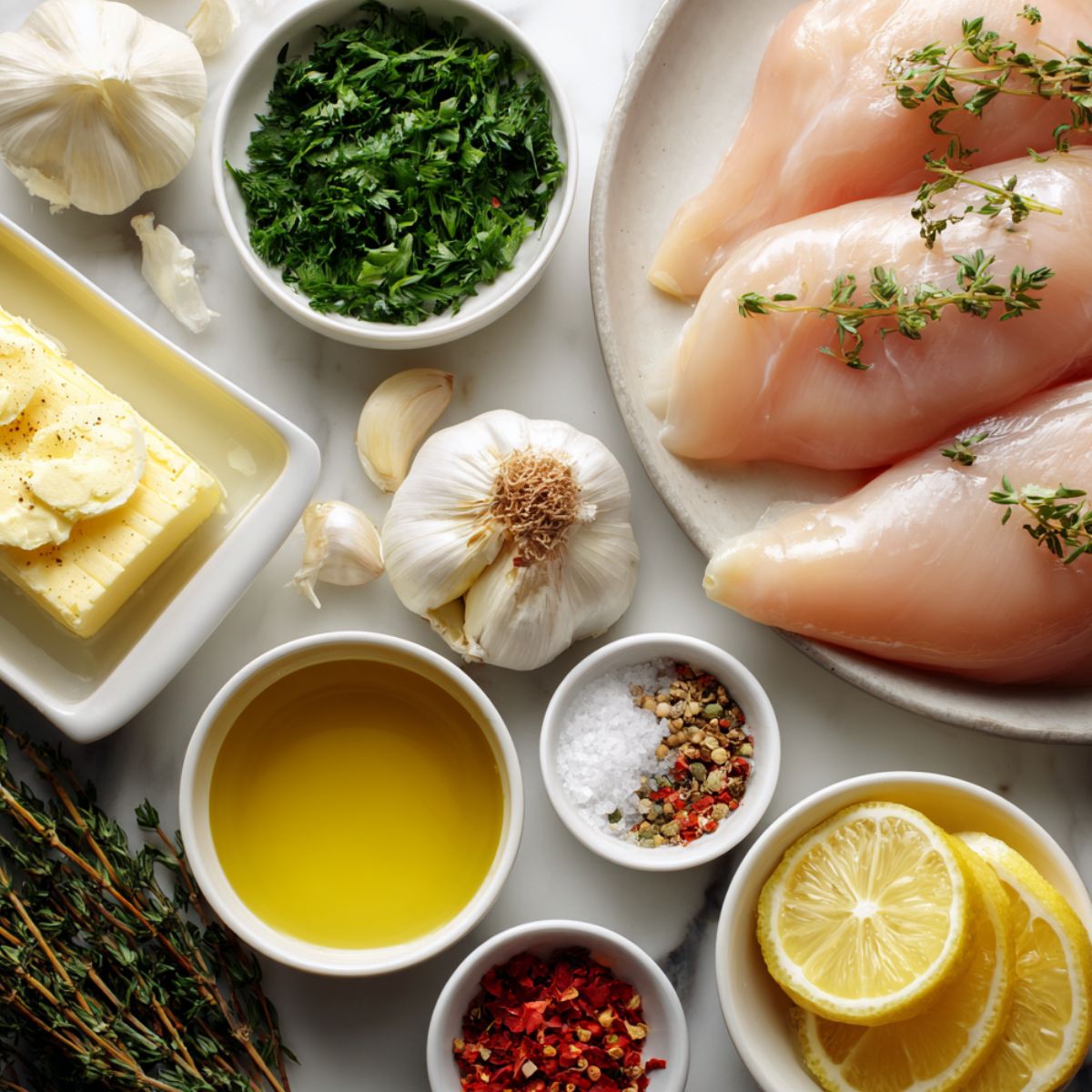 Overhead shot of cowboy butter chicken ingredients on a white kitchen counter with herbs, lemon, and spices