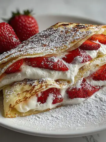 Homemade creamy strawberry crepes stacked on a white plate with fresh strawberries and powdered sugar from an overhead angle