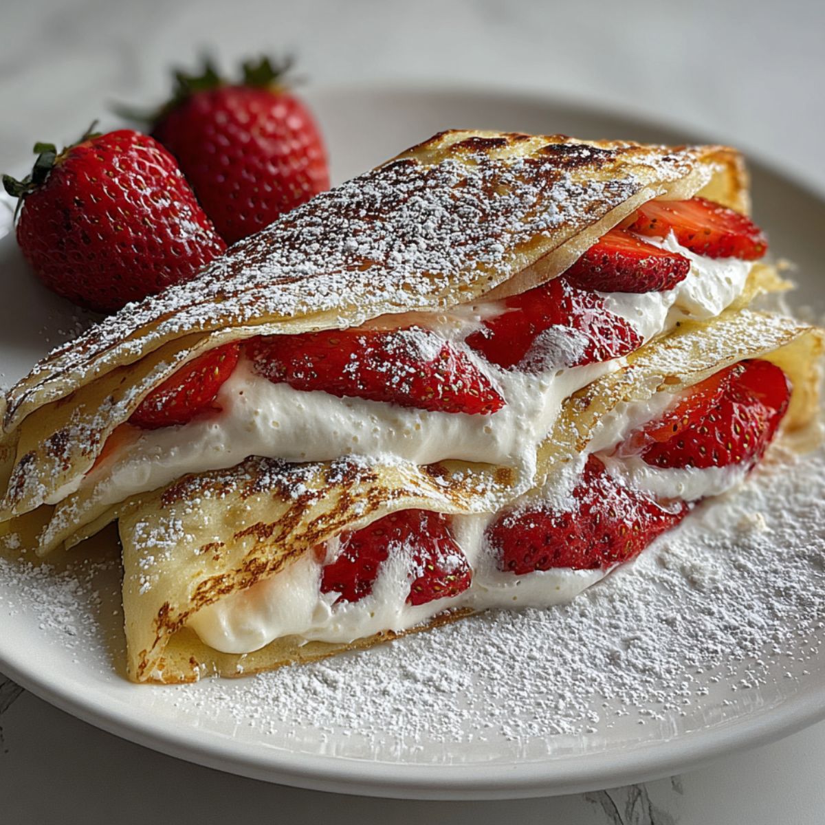 Homemade creamy strawberry crepes stacked on a white plate with fresh strawberries and powdered sugar from an overhead angle