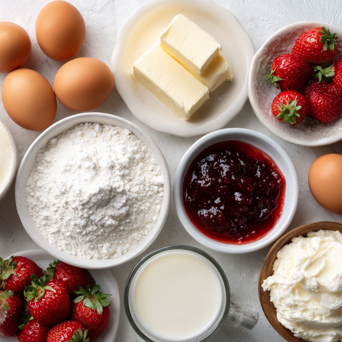 Overhead view of ingredients for homemade creamy strawberry crepes laid out casually on a white kitchen counter