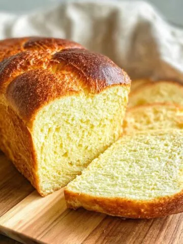 Homemade brioche bread recipe cooling on a wooden cutting board