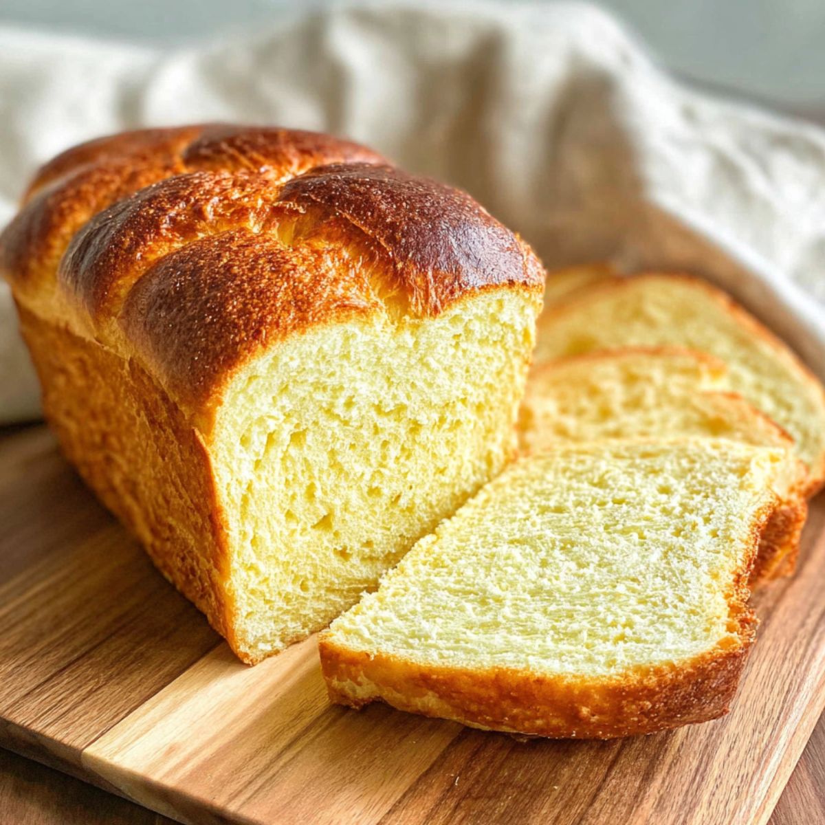 Homemade brioche bread recipe cooling on a wooden cutting board