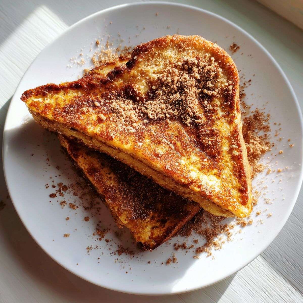 Homemade churro stuffed french toast sprinkled with cinnamon sugar on a white kitchen counter shot from above.