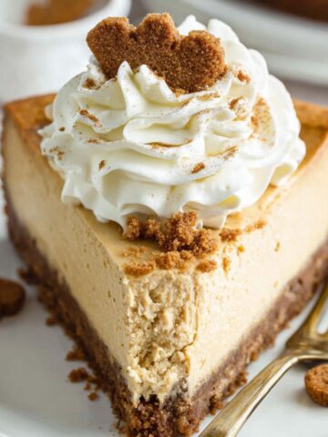 Homemade gingerbread cheesecake with whipped cream and cookie crumbs on a white kitchen counter photographed from above.