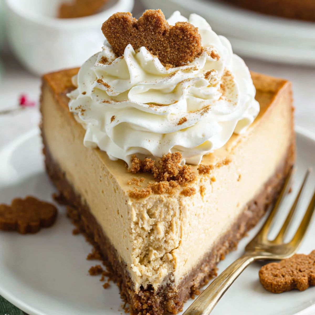 Homemade gingerbread cheesecake with whipped cream and cookie crumbs on a white kitchen counter photographed from above.