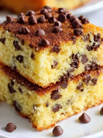 Homemade chocolate chip cake on a white kitchen counter