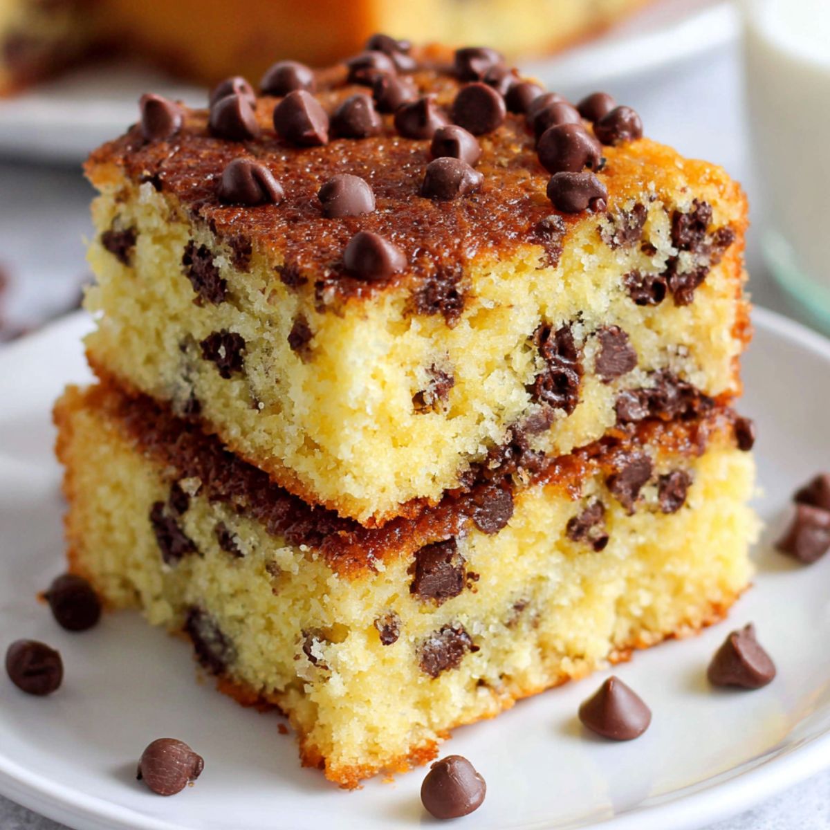 Homemade chocolate chip cake on a white kitchen counter