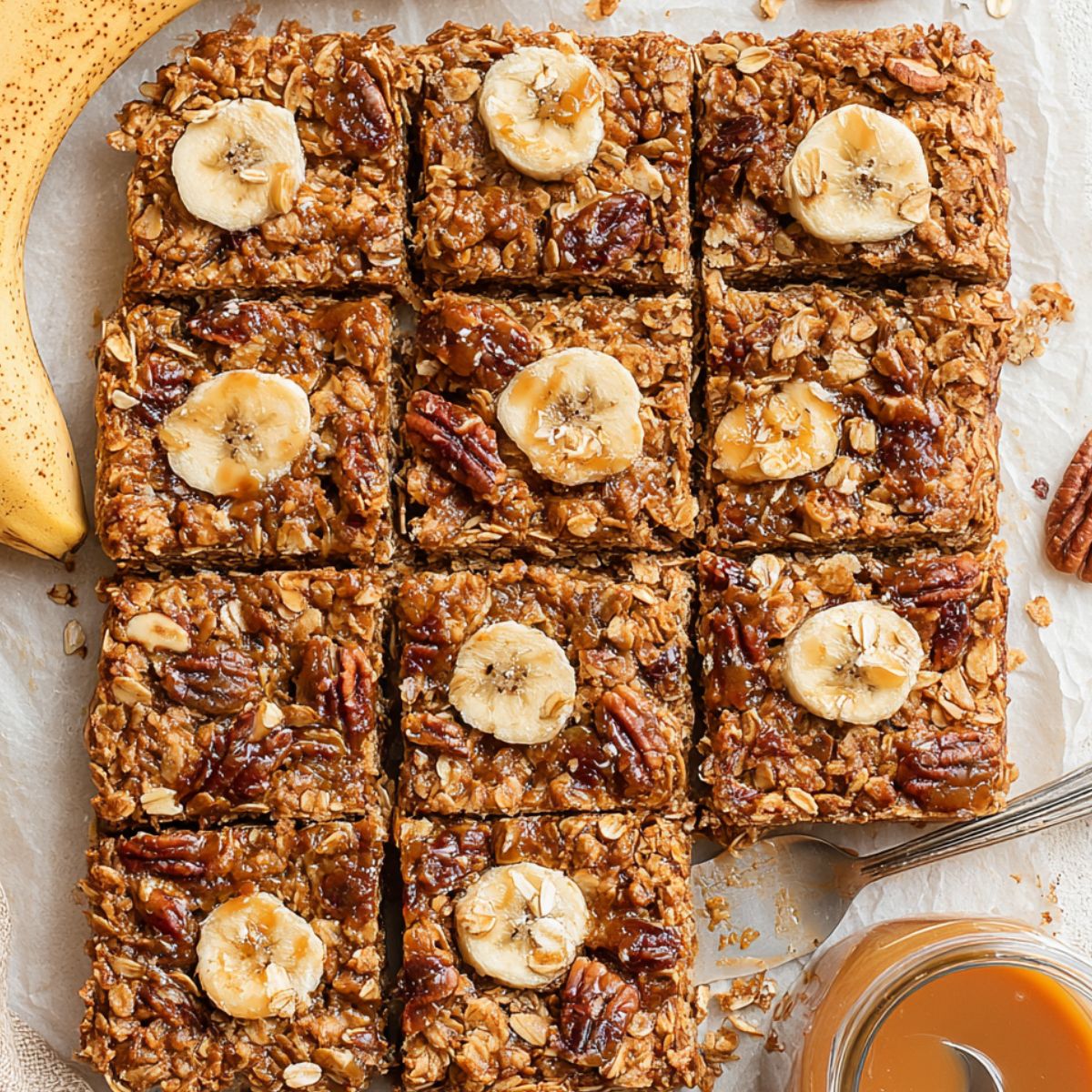 Homemade oatmeal banana bars cut into squares on parchment paper