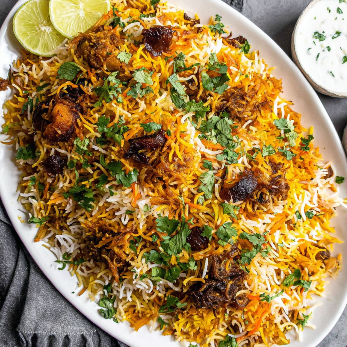 Homemade vegetable dum biryani recipe on a kitchen counter