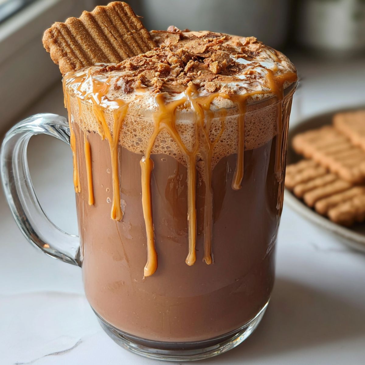 Overhead view of a homemade Biscoff hot chocolate in a ceramic mug on a white kitchen counter