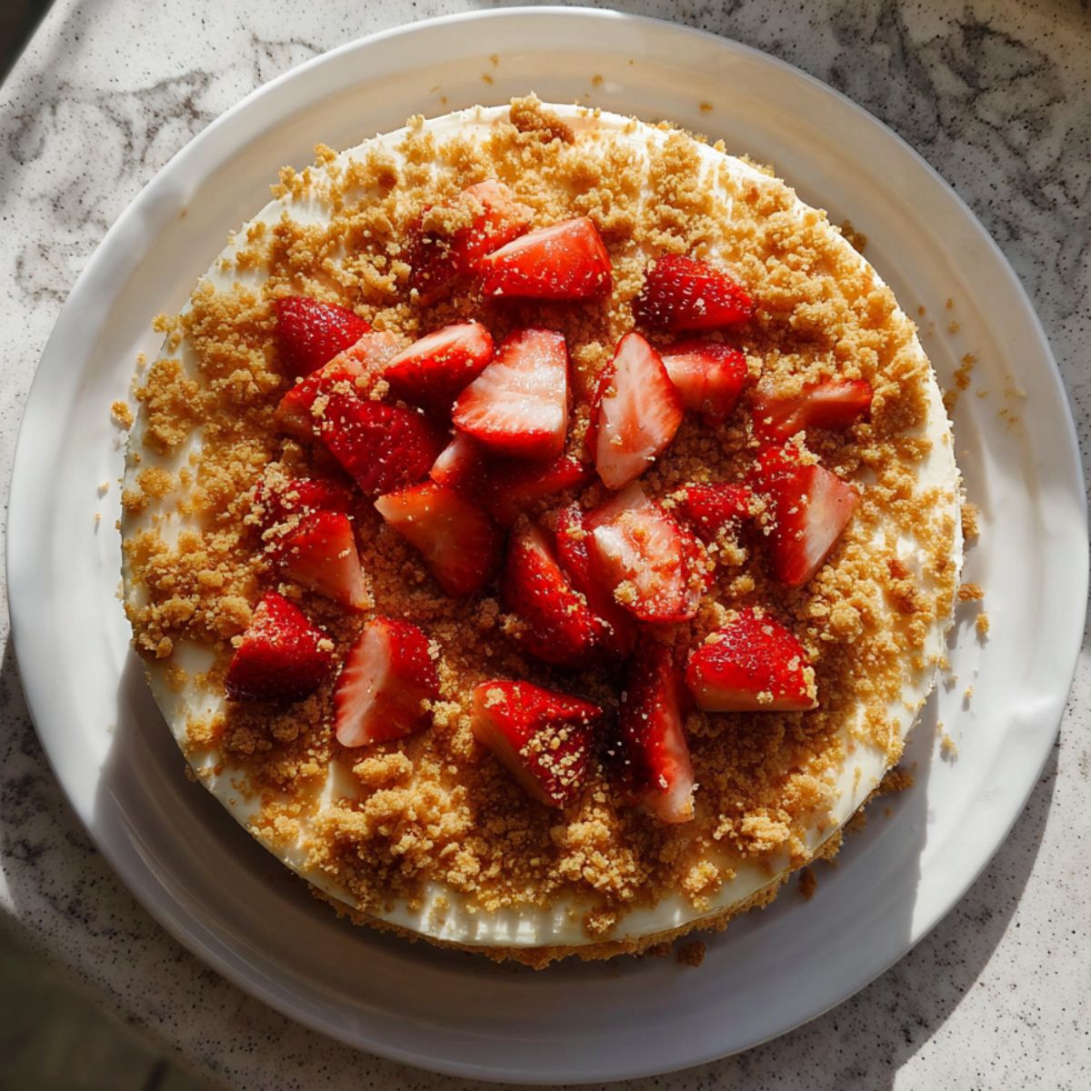Homemade strawberry crunch cake recipe ; with Oreo crumb topping and strawberries on a white kitchen counter.