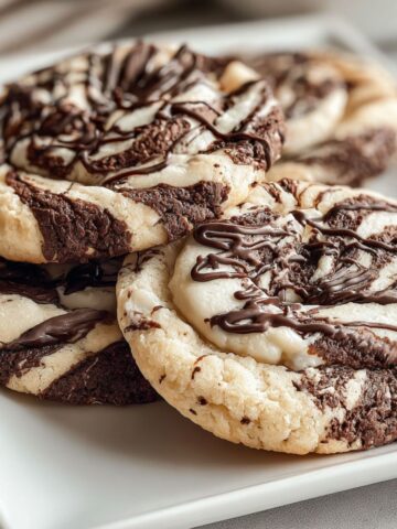 homemade chocolate marshmallow swirl cookies cooling on a white kitchen counter with crumbs and melted marshmallows.