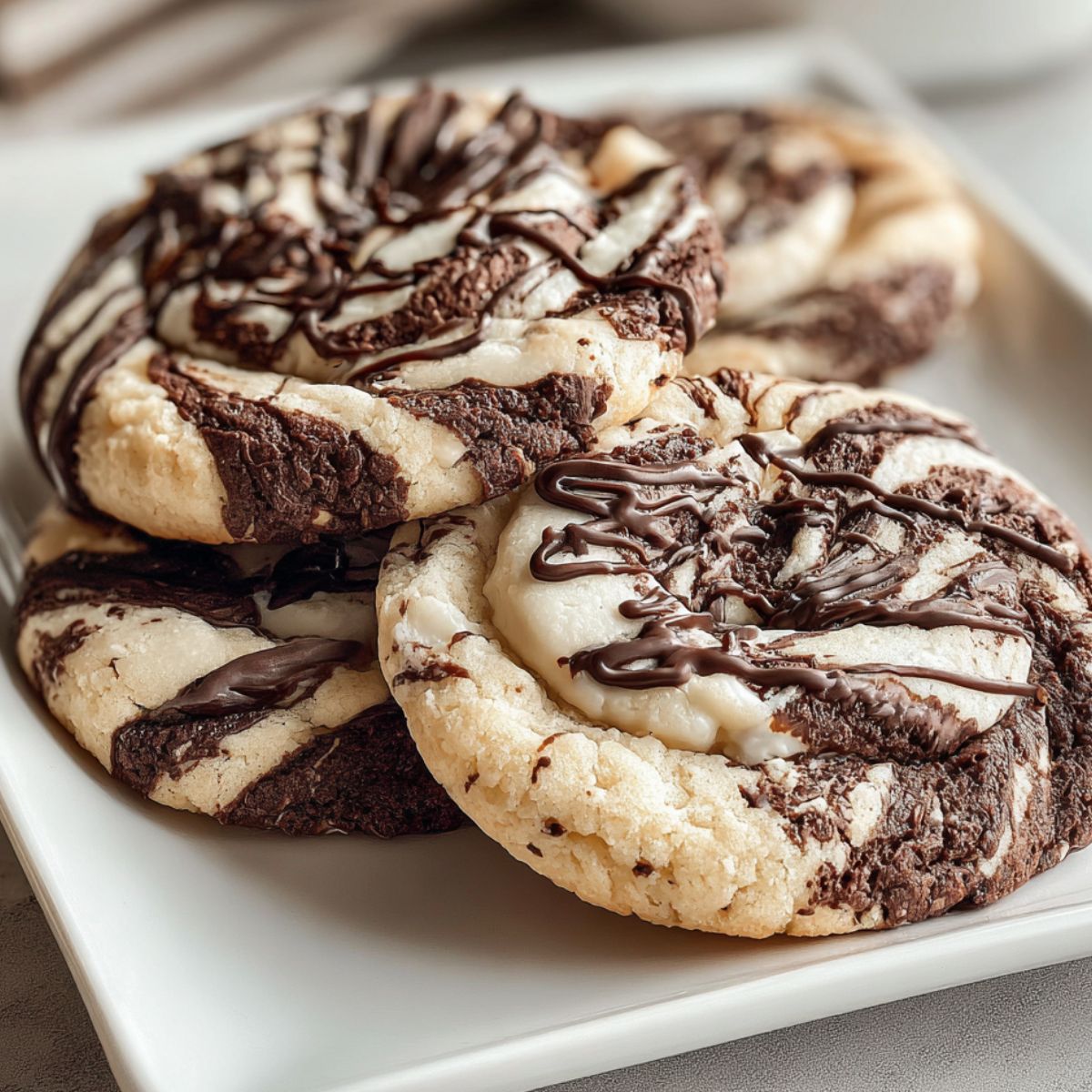 homemade chocolate marshmallow swirl cookies cooling on a white kitchen counter with crumbs and melted marshmallows.