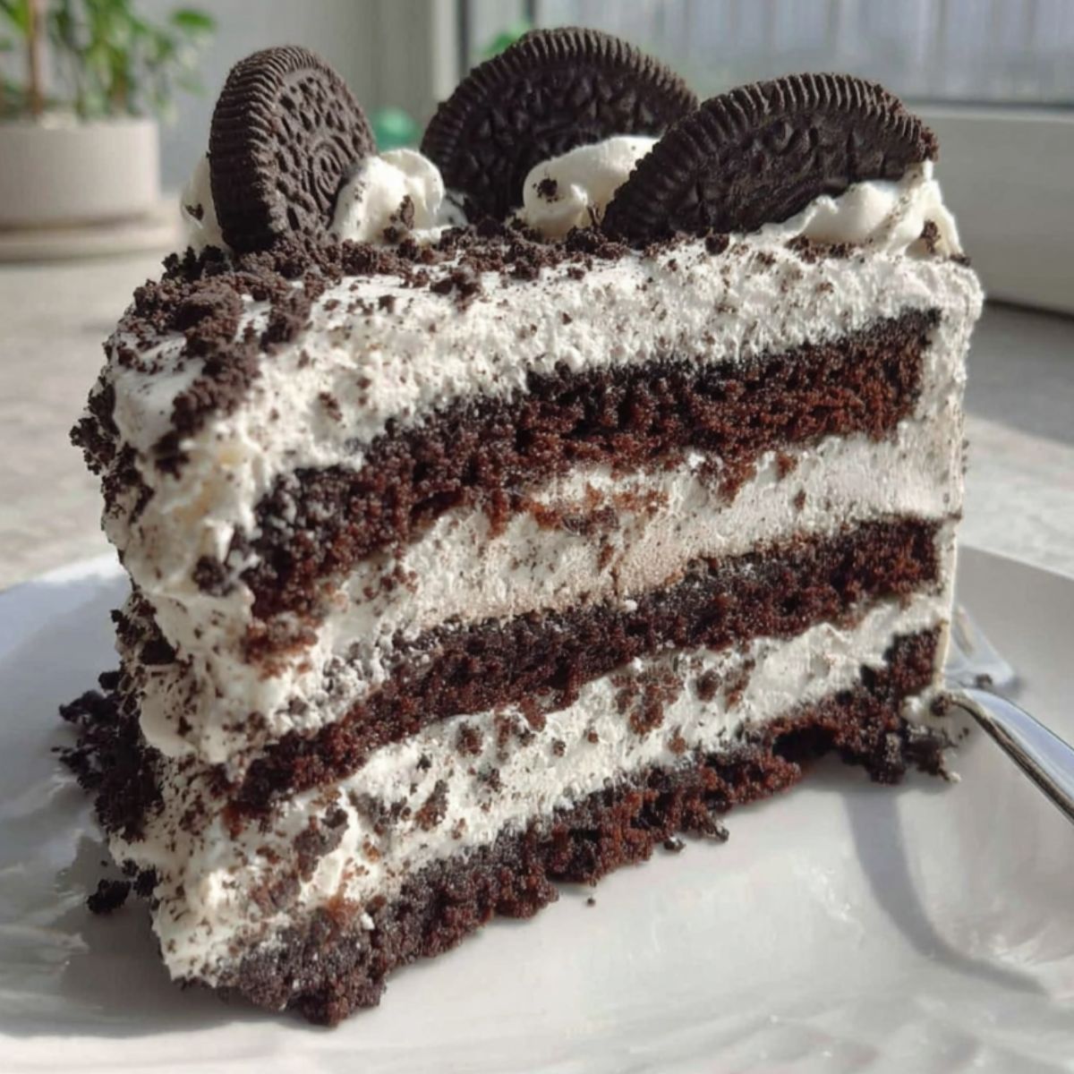 Homemade cookies and cream filling cake on a white kitchen counter