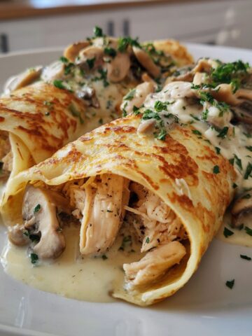 Homemade crepes de pollo rolled with chicken and cheese on a white kitchen countertop