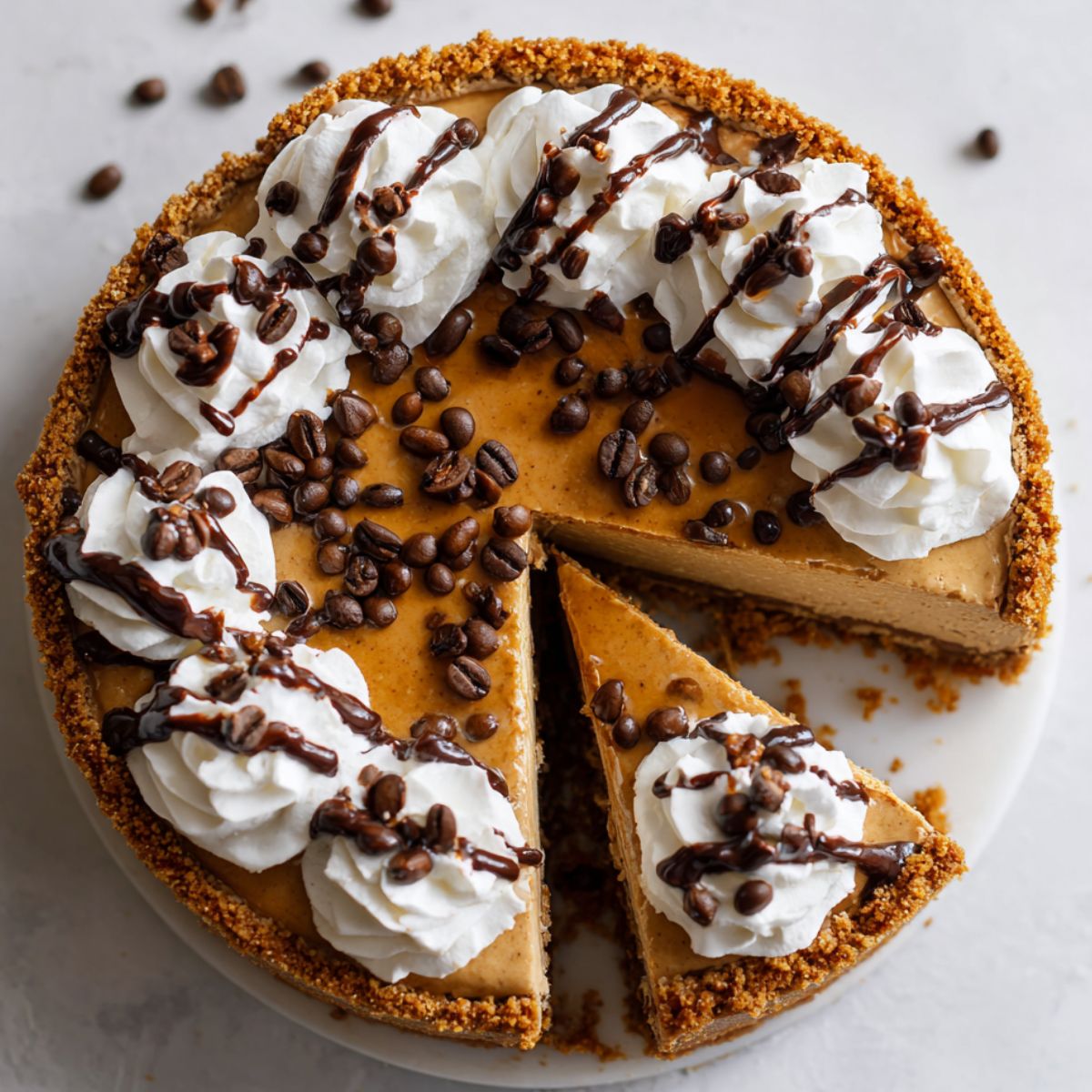 Homemade coffee cheesecake with whipped cream, chocolate drizzle, and coffee beans, with a slice cut out to reveal creamy espresso filling on a marble countertop