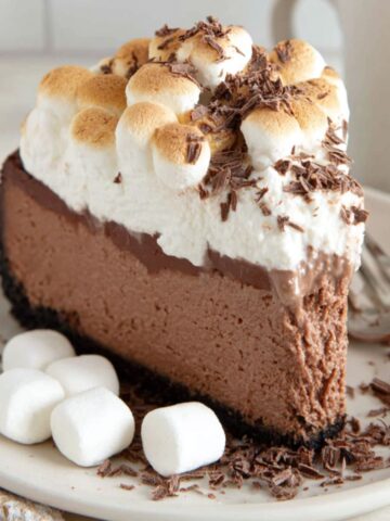 Homemade hot chocolate cheesecake on a white kitchen counter with marshmallow topping and chocolate shavings
