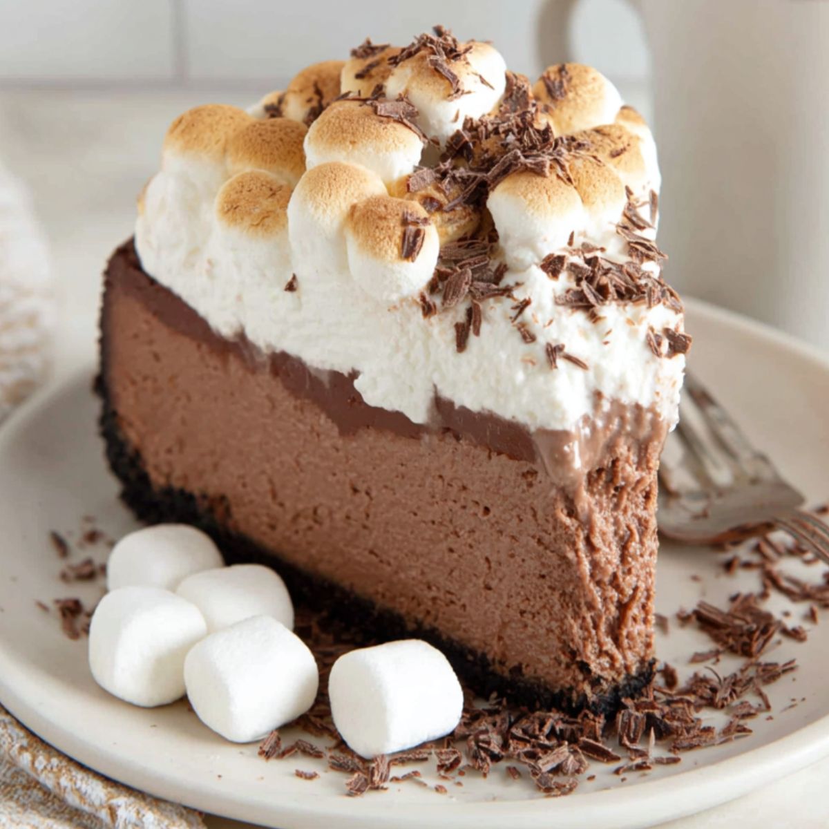 Homemade hot chocolate cheesecake on a white kitchen counter with marshmallow topping and chocolate shavings