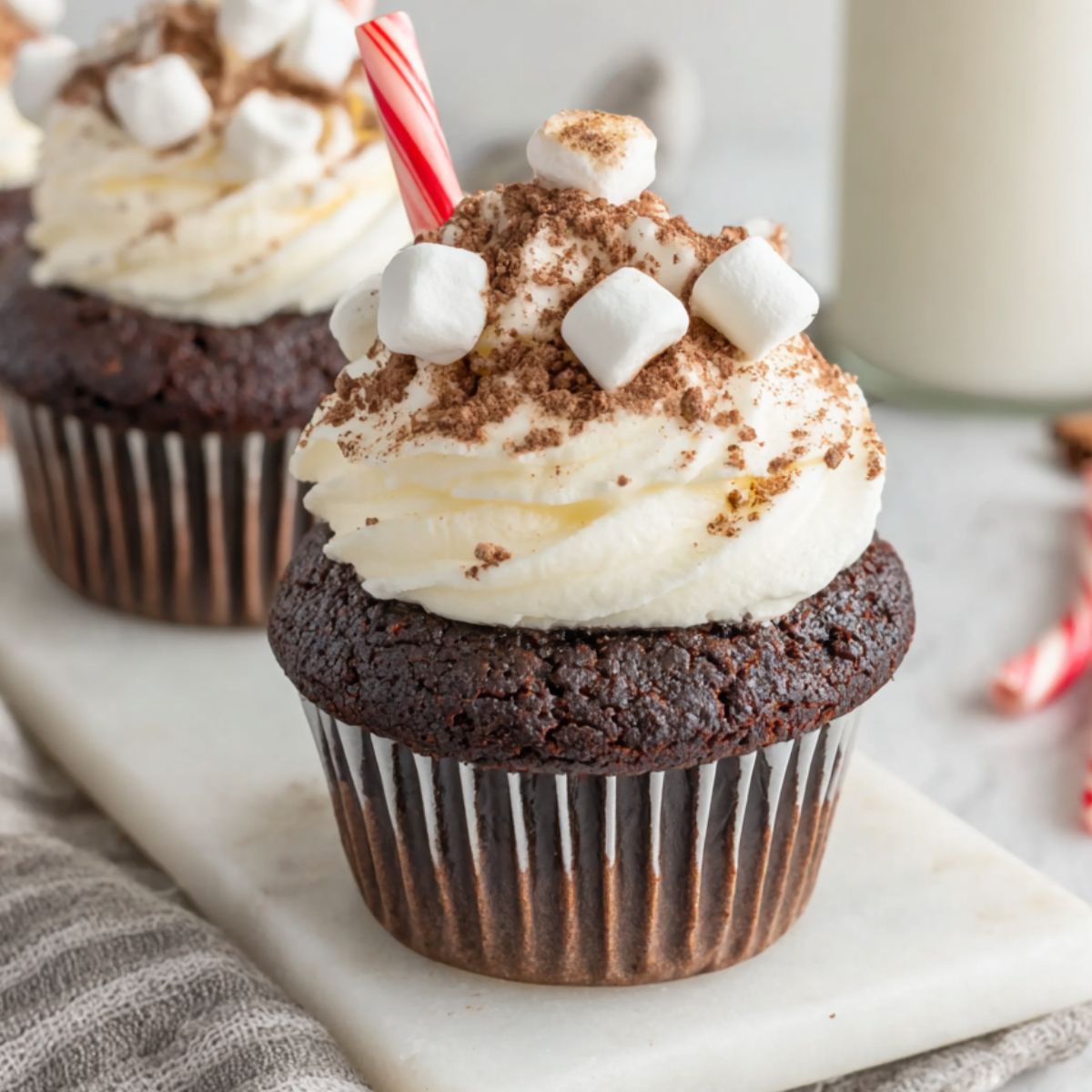 homemade hot chocolate cupcakes with marshmallow frosting on a white kitchen counter