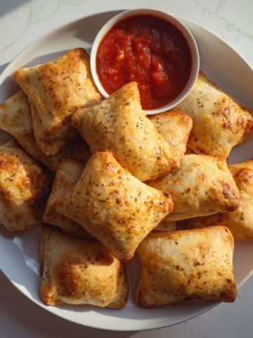 Freshly cooked air fryer pizza rolls on a white kitchen counter, photographed from above in a homemade style
