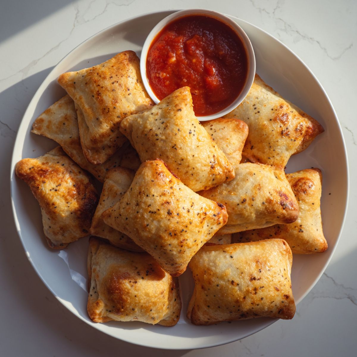 Freshly cooked air fryer pizza rolls on a white kitchen counter, photographed from above in a homemade style
