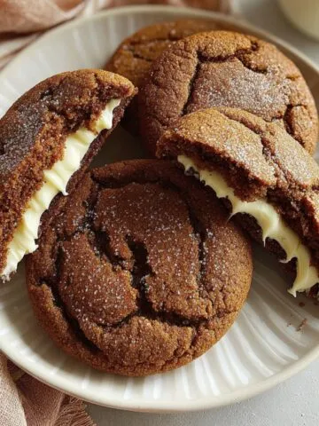 Freshly baked gingerbread cheesecake cookies on a white kitchen counter with crumbs and cozy homemade vibes