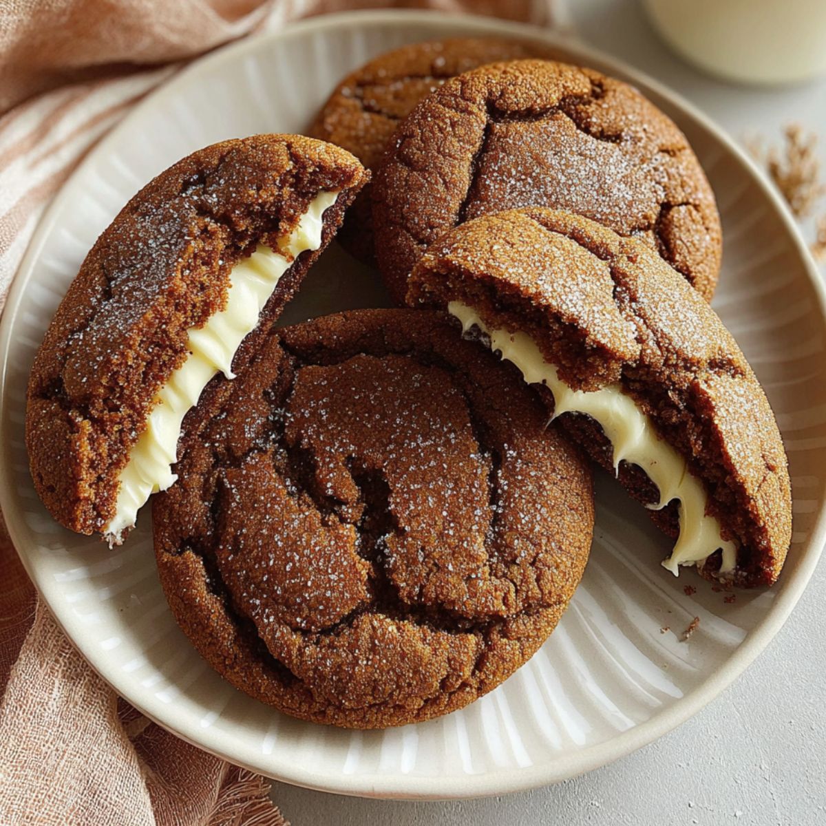 Freshly baked gingerbread cheesecake cookies on a white kitchen counter with crumbs and cozy homemade vibes